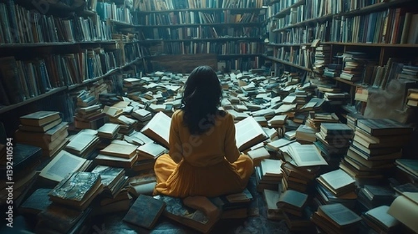 Obraz A woman reads a book surrounded by many other scattered books