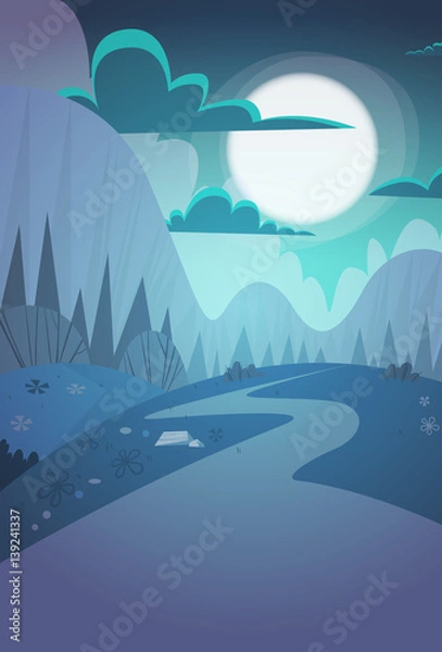 Fototapeta Mountain Range Spring Night Landscape Country Road Nature Background Flat Vector Illustration