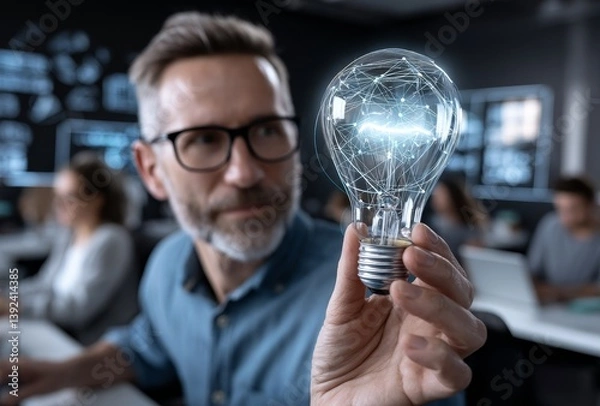 Fototapeta A lightbulb held by a businessman serves as a symbol for visionary leadership, genius strategy, and expertise in the realm of digital energy, electricity, and innovative business solutions
