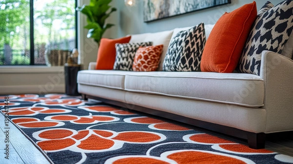 Fototapeta A modern interior design showcases an orange sofa with floral pillows atop a white rug. The pattern adds charm.
