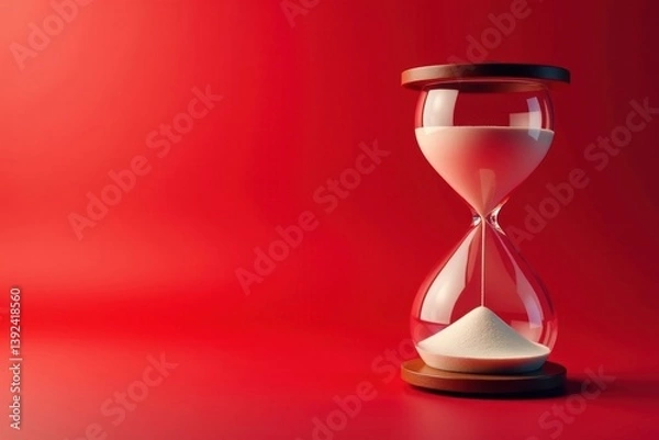 Fototapeta Hourglass symbolizing emptying time on a vibrant red background, fading, time running out