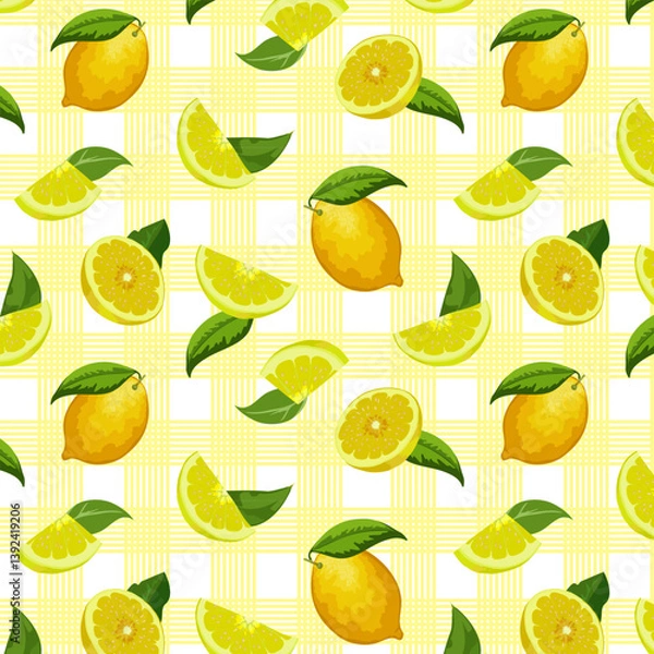 Fototapeta Lemons on a checkered background.Vector seamless pattern with whole and cut lemons on a checkered background.
