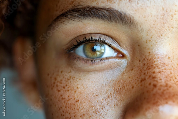 Fototapeta Close up of a face with hazel eye and freckles skin