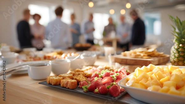 Fototapeta Buffet table with food and drinks at a gathering with people in the background in a bright setting