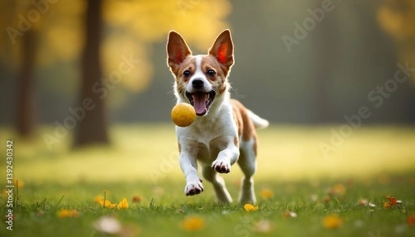 Fototapeta Happy dog running with a ball in a sunny autumn park.