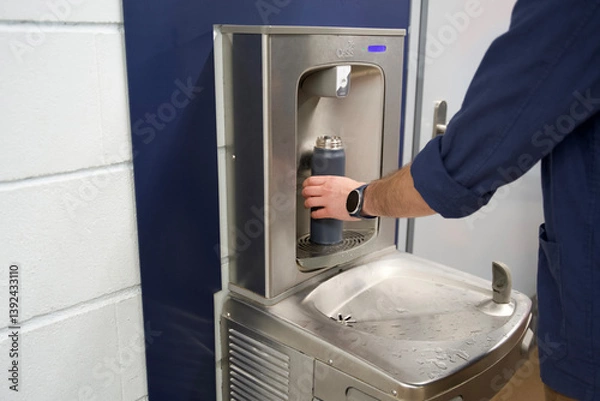 Fototapeta A traveler uses a stainless steel fountain to refill a dark reusable bottle inside an airport, showcasing a sustainable water source next to a door and blue panel