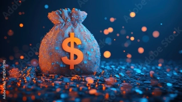 Fototapeta A digital rendering of a money bag with a dollar sign, glowing amidst a field of shimmering particles on a dark background