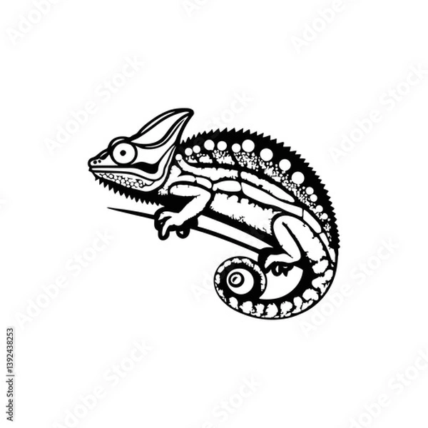 Obraz A black and white vector silhouette of a side-facing chameleon with a rounded body and gripping toes on a white background