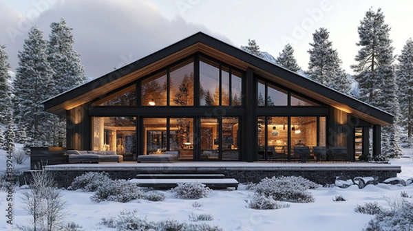 Fototapeta modern cabin with large windows and wood accents in snowy forest setting