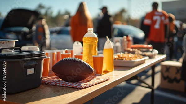 Obraz A football tailgate with food and drinks on a table with people in the background on a sunny day