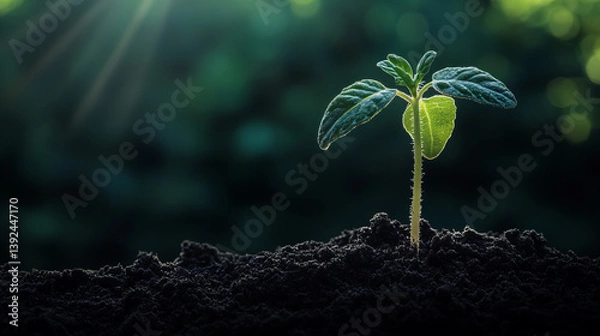 Fototapeta Green seedlings growing in fertile soil under sunlight with natural bokeh, symbolizing growth, sustainability, and organic nature themes for eco projects and seasonal designs

