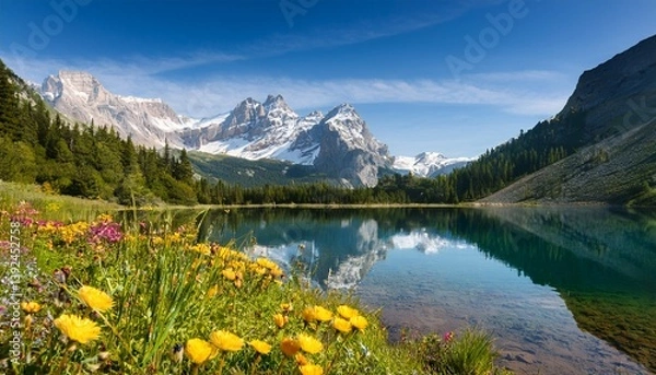 Fototapeta lake and mountain with flowers