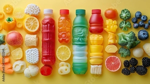 Fototapeta A colorful  of plastic drinks items on a yellow background 