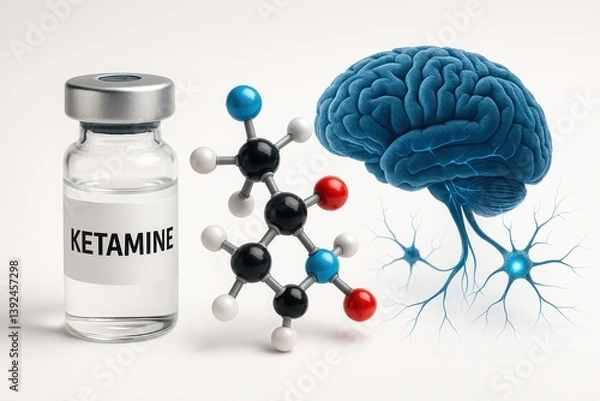 Fototapeta Ketamine Anesthetic and Depression Treatment with Brain Synaptic Plasticity Visualization for Mental Health and Pain Relief Concept