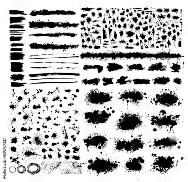Fototapeta Splatter Paint Texture . Black Spray Blot of Ink. Place illustration Over any Object to Create Grungy Effect . hand drawn. Not AI, Vector.