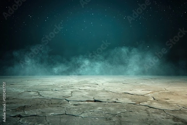 Obraz Cracked desert landscape under a starry night sky with mist hovering in the background