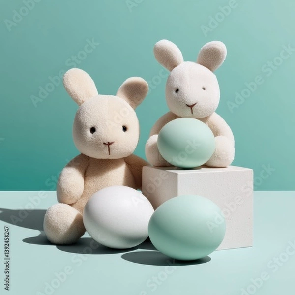 Fototapeta Soft Pastel Easter Minimalism Serene Plush Bunny Toy Scene with Muted Eggs - Spring Wellness and Gift Trend for Mindful Home Styling