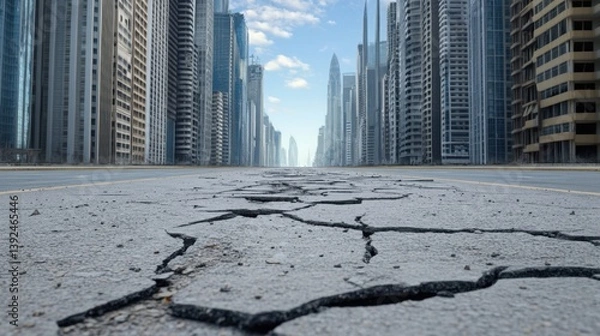 Fototapeta A post-apocalyptic wasteland, shattered skyscrapers, abandoned streets covered in ash, eerie silence after the destruction