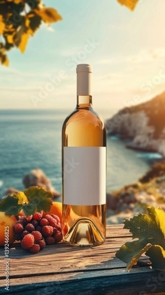 Obraz Bottle of white wine resting on wooden table with scenic coastal view at sunset