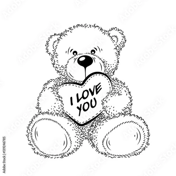 Obraz Drawing Teddy Bear with heart. Vector illustration