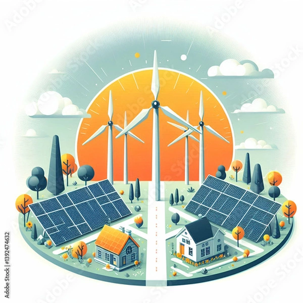 Obraz Wind Farm and Solar Farm Icons concept as Vector icons depicting a wind farm and a solar farm symbolizing large scale renewable energy production isolated on a white background. in  Photo Stock  Conce