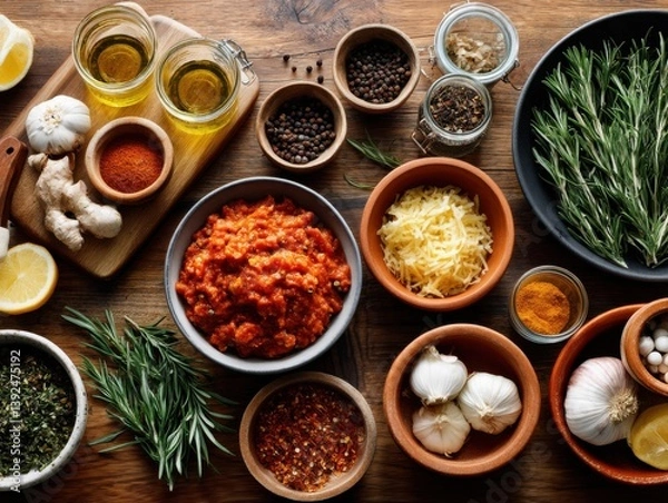 Obraz Exploring flavors with fresh ingredients and spices in a vibrant kitchen setup