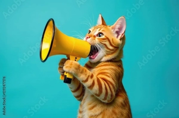 Fototapeta Red cat holds a yellow loudspeaker in its paws and screams on a blue background