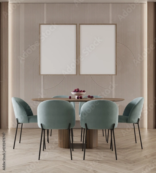 Fototapeta Two poster frames mockup in modern dining room with blue chair and table, 3d rendering