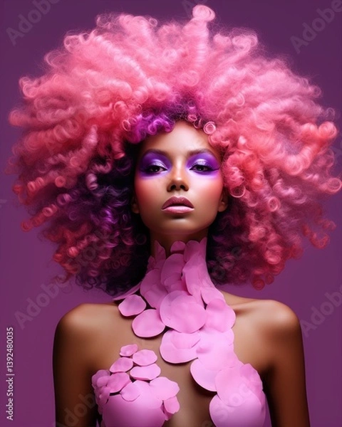 Fototapeta Fashion model posing in transparent plastic dress, sporting voluminous pink afro, creating edgy avant garde studio portrait with bold styling