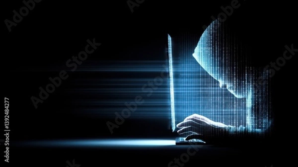 Fototapeta A shadowy figure in a hoodie is intensely focused on a laptop, symbolizing the mysterious world of cyber crime and hacker activities in a digital age.