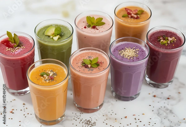 Fototapeta  Assortment of Colorful and Healthy Fruit and Vegetable Smoothies in Tall Glasses
