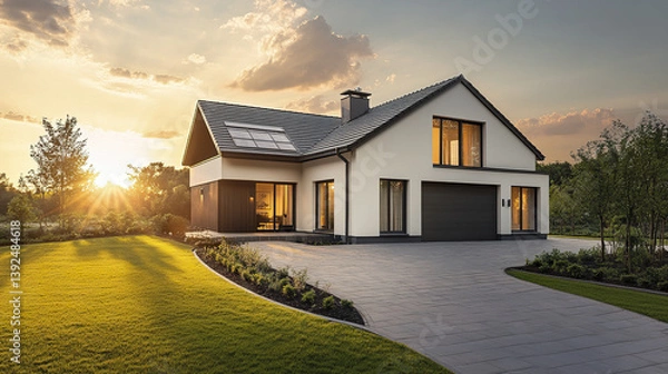 Obraz Modern detached house with neutral tones and driveway at sunset