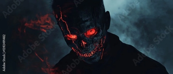 Obraz A man with a skull painted on his face and red eyes