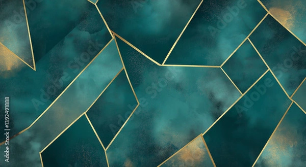 Fototapeta Padrão geométrico vintage azul-petróleo e zinco com destaques dourados, design de fundo abstrato