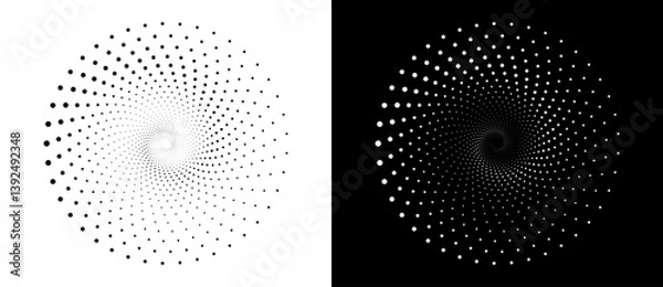 Obraz Modern abstract background. Halftone dots in spiral form. Round logo, design element or icon. Vector dotted frame. A black figure on a white background and an equally white figure on the black side.
