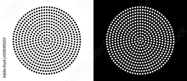 Fototapeta Modern abstract background. Halftone dots in circle form. Round logo, design element or icon. Vector dotted frame. A black figure on a white background and an equally white figure on the black side.