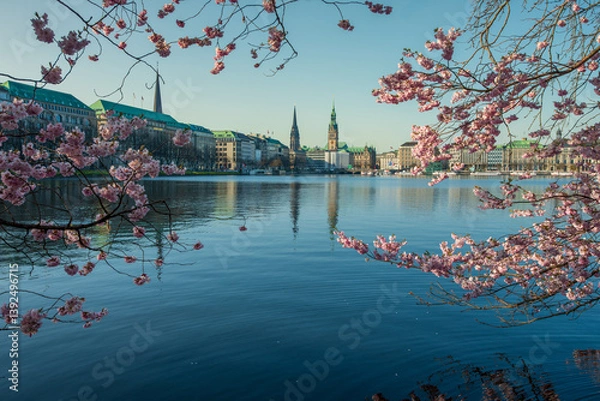 Obraz Kirschblüte an der Alster mit rosa Zierkirsche und Blick auf die Hamburger City