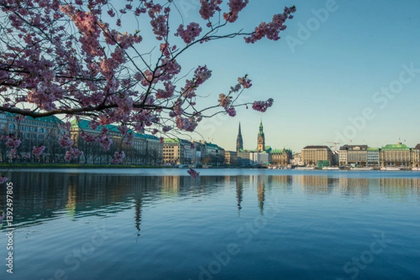 Obraz Kirschblüte an der Alster mit rosa Zierkirsche und Blick auf die Hamburger City