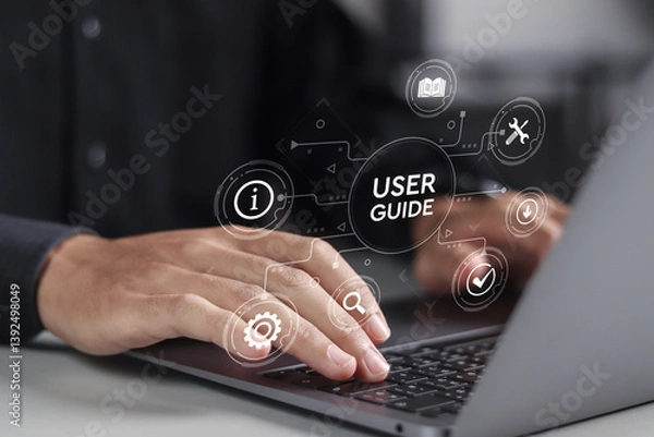 Fototapeta User manual guide concept, Online instruction manual and strategy advice. Person using laptop with virtual user guide icon for business service.