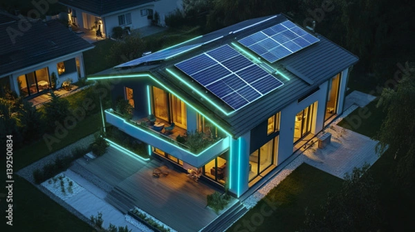 Fototapeta Modern smart house with neon lights and solar panels at night