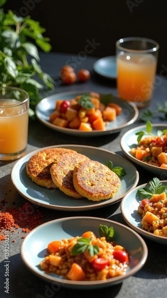 Fototapeta Table with plates of food and drinks, including a bowl of salad and a plate of fried food