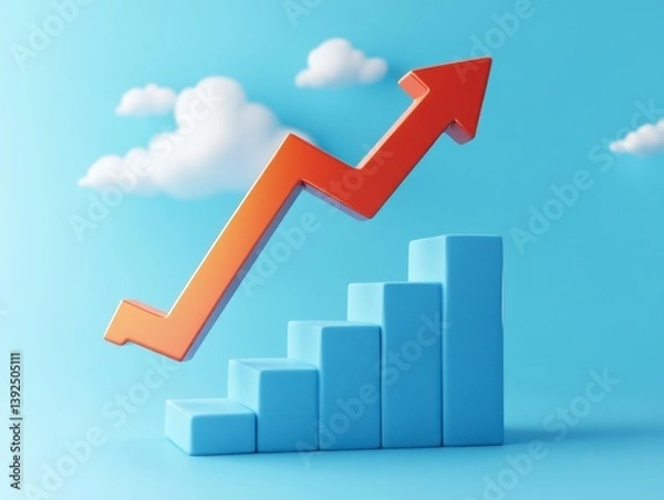 Fototapeta Growth Chart with Orange Arrow and Blue Bar Graph on Blue Background
