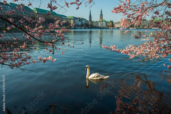Obraz Alsterschwäne mit rosa Kirschblüte an der Alster im Frühling