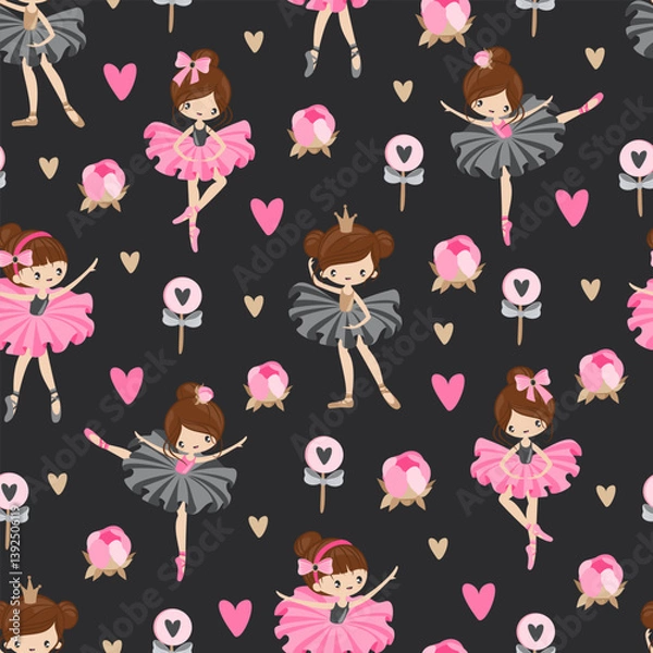 Fototapeta Pattern with cute ballerinas in different poses and with flowers, children's design for printing on fabrics and decoration.