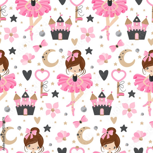 Fototapeta Seamless pattern with hand drawn ballerinas and fairytale elements. Print on children's clothing and wrapping paper.