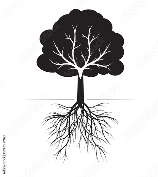 Obraz Shape of black Tree with Leaves and Roots. Vector outline Illustration.