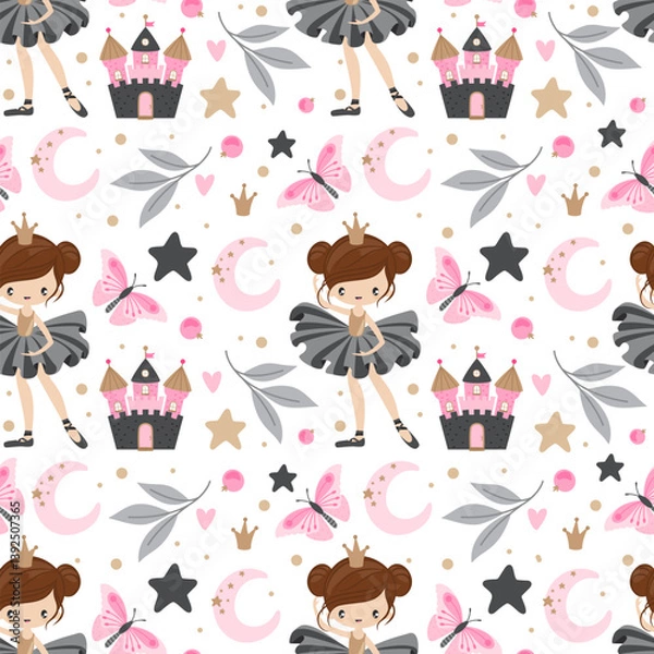Fototapeta Seamless pattern with cute ballerina and other fairytale elements. Vector illustration in children's style.