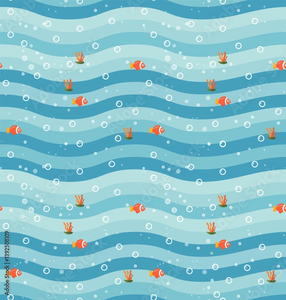 Obraz Seamless Summer Sea Pattern with Waves, Corals, Fishes and Bubbles Vector Illustration