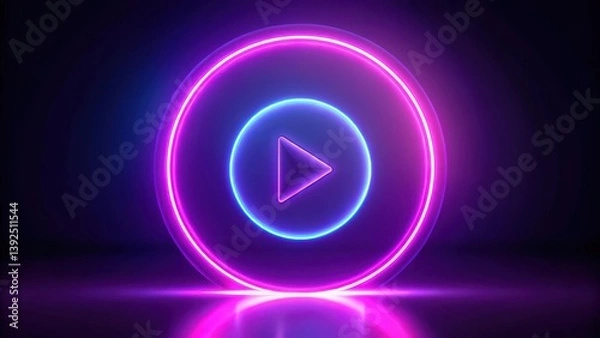 Obraz Neon glowing purple play button on black background with neon circle