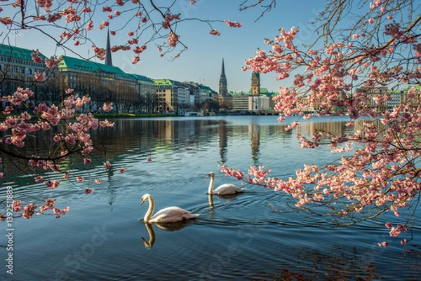 Obraz Alsterschwäne mit rosa Kirschblüte an der Alster im Frühling